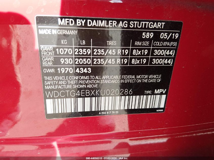 2019 Mercedes-Benz Gla 250 VIN: WDCTG4EBXKU020286 Lot: 44058315