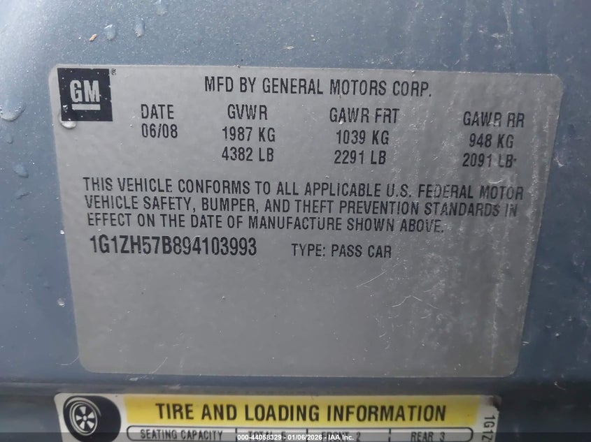 2009 Chevrolet Malibu Lt VIN: 1G1ZH57B894103993 Lot: 44058329