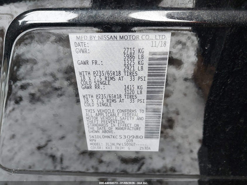 VIN 5N1DL0MN7KC530980 2019 INFINITI QX60 PURE
