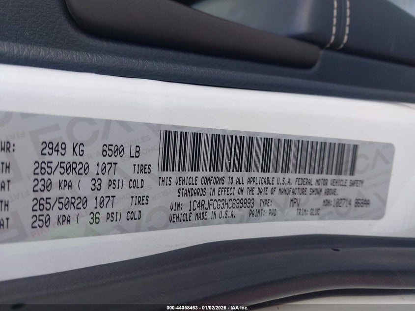 VIN 1C4RJFCG3HC699893 2017 JEEP GRAND CHEROKEE OVERLAND 4X4