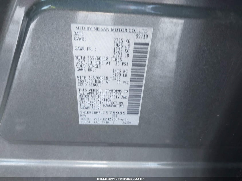 VIN 5N1DR2BM7LC578985 2020 NISSAN PATHFINDER SV 4WD