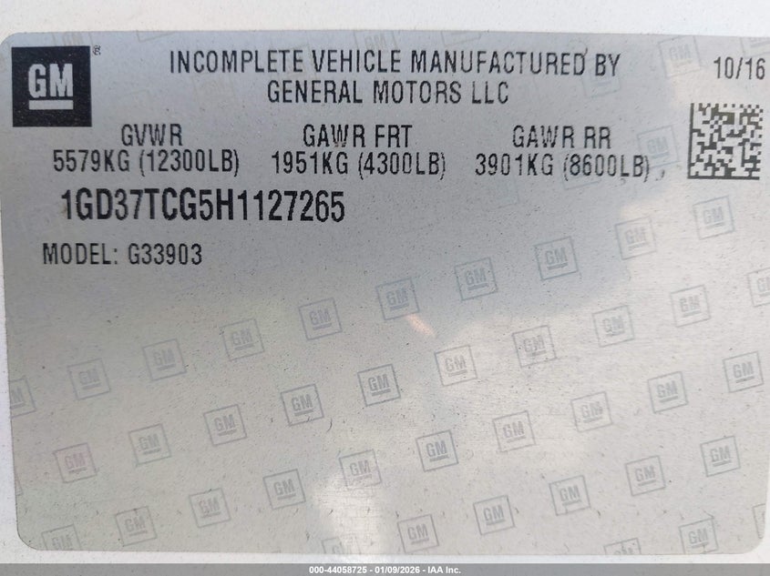 2017 GMC Savana Cutaway Work Van VIN: 1GD37TCG5H1127265 Lot: 44058725