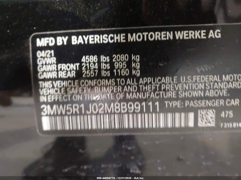 2021 BMW 330I VIN: 3MW5R1J02M8B99111 Lot: 44058778