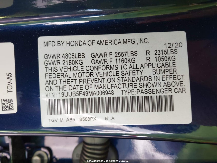 2021 Acura Tlx Technology Package VIN: 19UUB5F49MA006948 Lot: 44058933