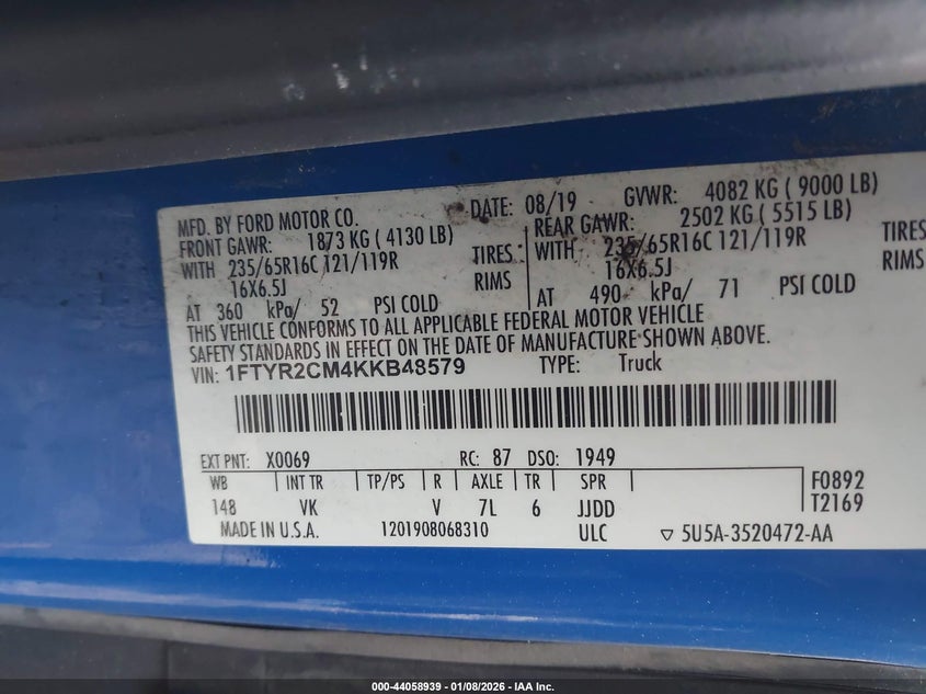 VIN 1FTYR2CM4KKB48579 2019 FORD TRANSIT-250