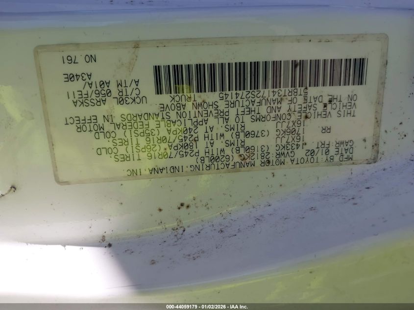 2002 Toyota Tundra Sr5 V8 VIN: 5TBRT34172S274145 Lot: 44059179