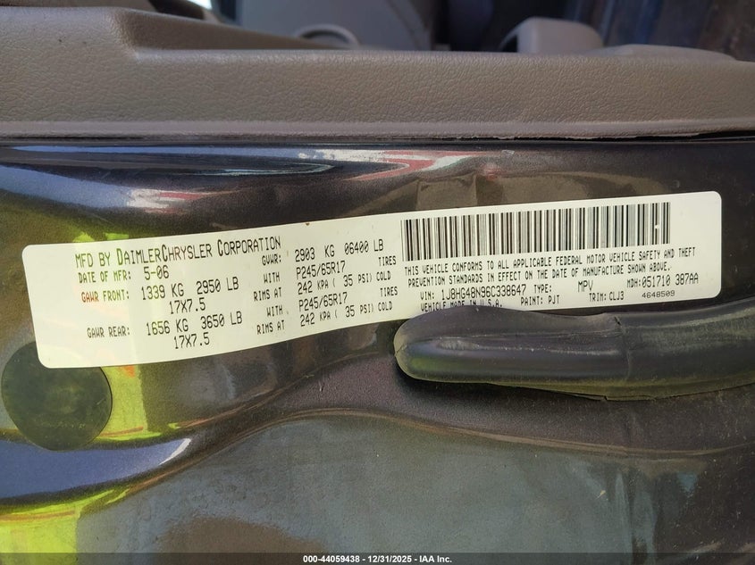 2006 Jeep Commander VIN: 1J8HG48N96C338647 Lot: 44059438