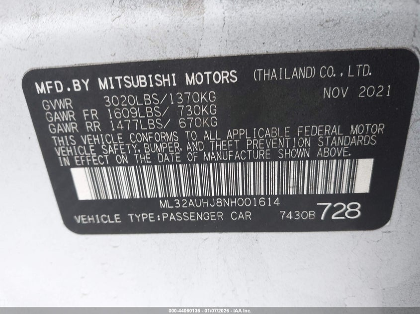 2022 Mitsubishi Mirage Es VIN: ML32AUHJ8NH001614 Lot: 44060136
