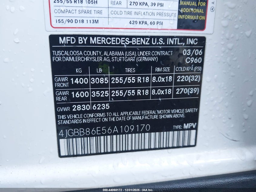 2006 Mercedes-Benz Ml 350 4Matic VIN: 4JGBB86E56A109170 Lot: 44060172