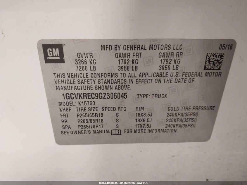 2016 Chevrolet Silverado 1500 2Lt VIN: 1GCVKREC9GZ306045 Lot: 44060435