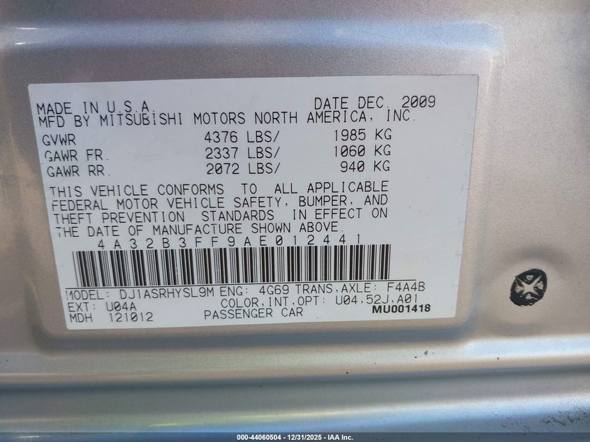 2010 Mitsubishi Galant Es/Se VIN: 4A32B3FF9AE012441 Lot: 44060504