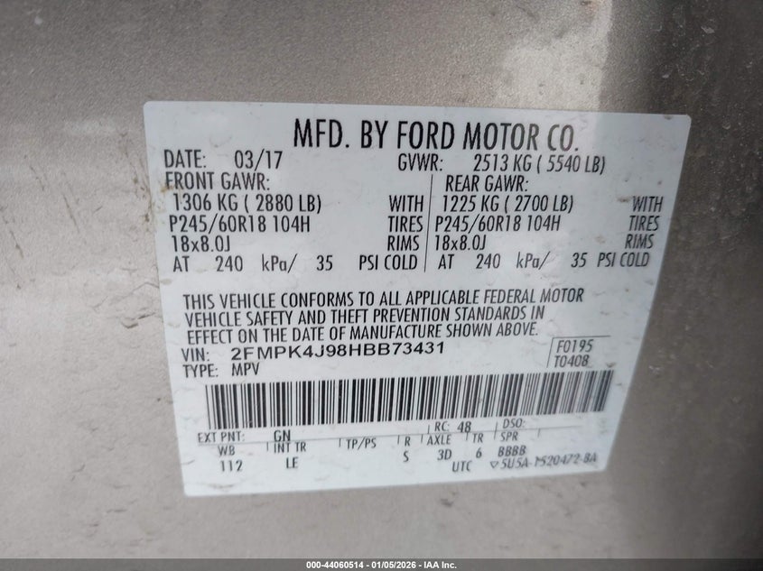 VIN 2FMPK4J98HBB73431 2017 FORD EDGE SEL