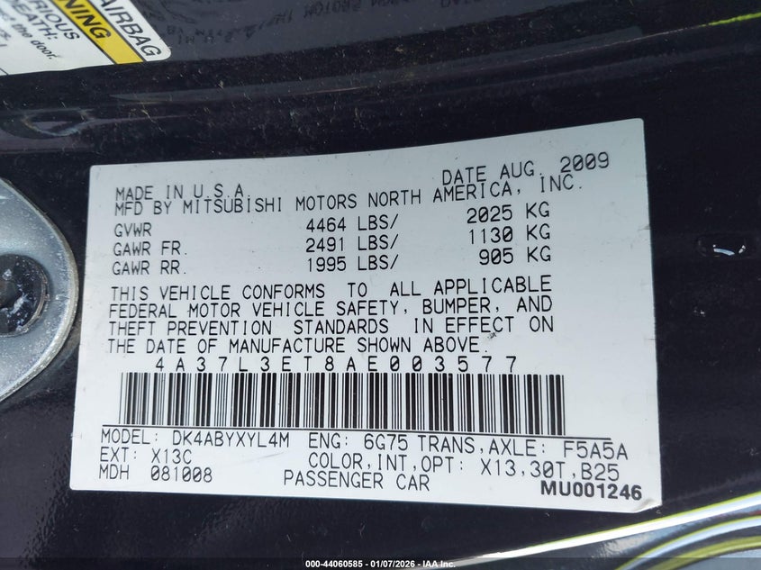 2010 Mitsubishi Eclipse Spyder Gt VIN: 4A37L3ET8AE003577 Lot: 44060585