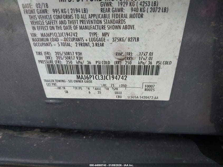 VIN MAJ6P1CL3JC194742 2018 FORD ECOSPORT SES