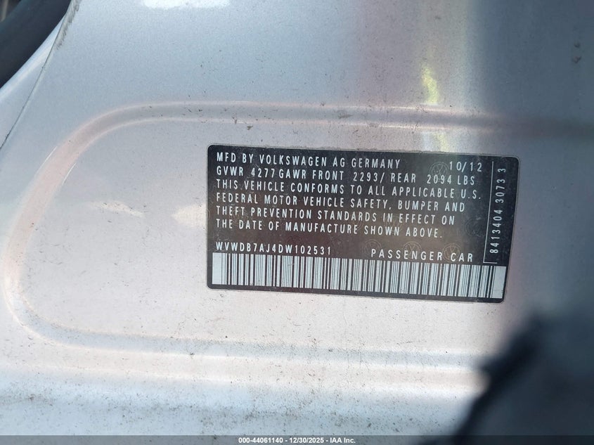 2013 Volkswagen Golf 2.5L 4-Door VIN: WVWDB7AJ4DW102531 Lot: 44061140