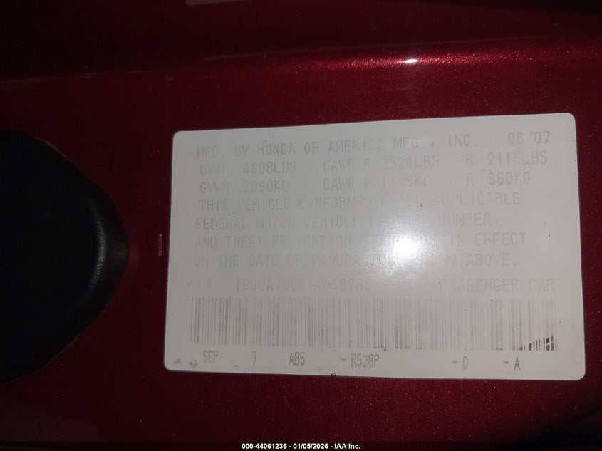 2007 Acura Tl Type S VIN: 19UUA76547A046785 Lot: 44061236