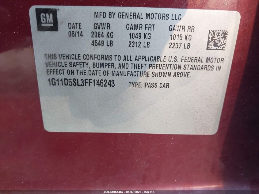 2015 Chevrolet Malibu 2Lt VIN: 1G11D5SL3FF146243 Lot: 44061467
