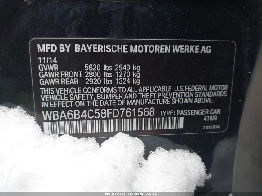 2015 BMW 650I Gran Coupe xDrive VIN: WBA6B4C58FD761568 Lot: 44061524