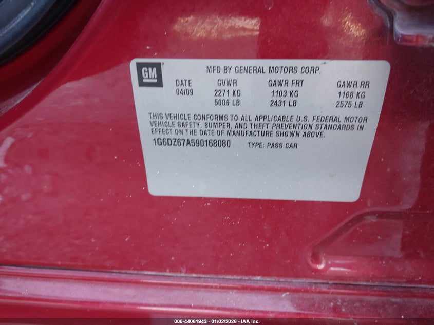 2009 Cadillac Sts V8 VIN: 1G6DZ67A590168080 Lot: 44061943