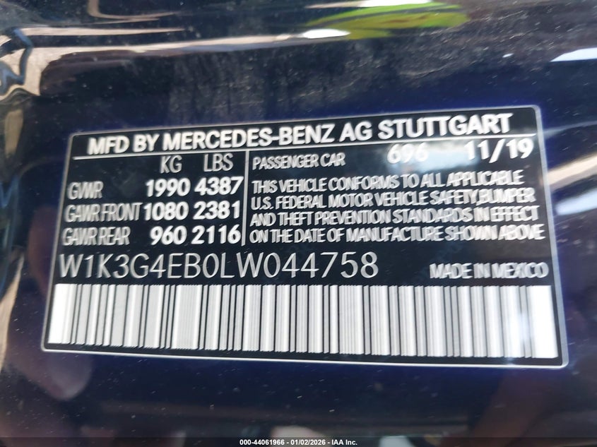 2020 Mercedes-Benz A 220 VIN: W1K3G4EB0LW044758 Lot: 44061966