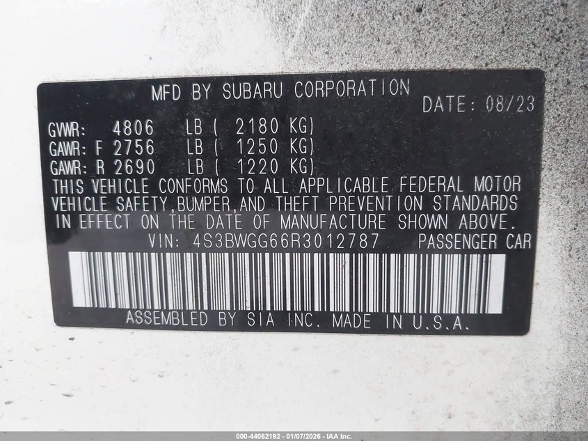 VIN 4S3BWGG66R3012787 2024 SUBARU LEGACY SPORT