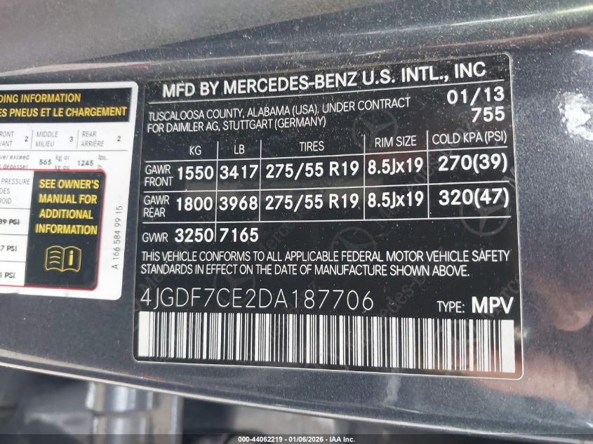 2013 Mercedes-Benz Gl 450 4Matic VIN: 4JGDF7CE2DA187706 Lot: 44062219