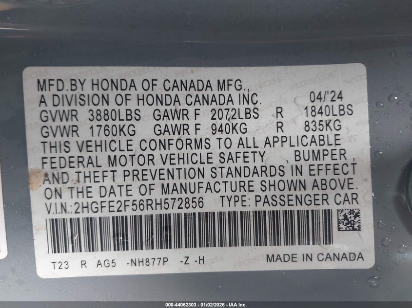2024 Honda Civic Sport VIN: 2HGFE2F56RH572856 Lot: 44062303