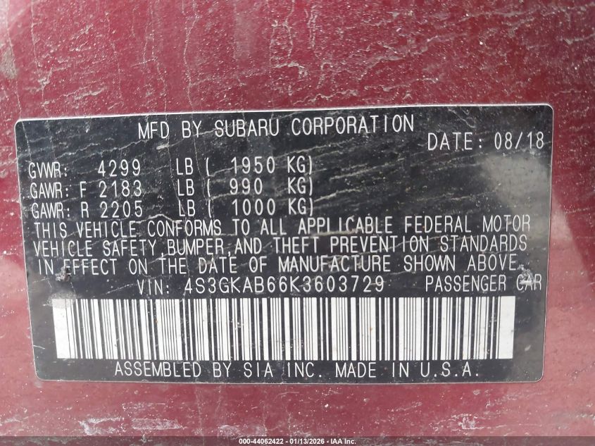 2019 Subaru Impreza 2.0I VIN: 4S3GKAB66K3603729 Lot: 44062422