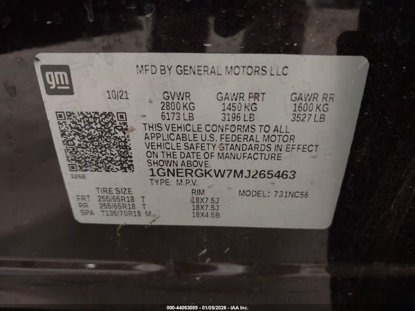 2021 Chevrolet Traverse Fwd Lt Cloth VIN: 1GNERGKW7MJ265463 Lot: 44063089