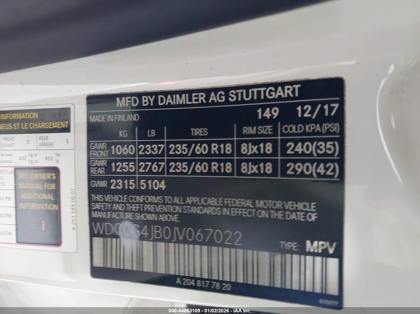 VIN WDC0G4JB0JV067022 2018 MERCEDES-BENZ GLC 300
