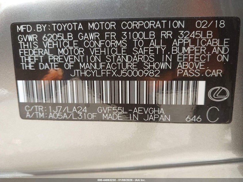 2018 Lexus Ls 500H VIN: JTHCYLFFXJ5000982 Lot: 44063238