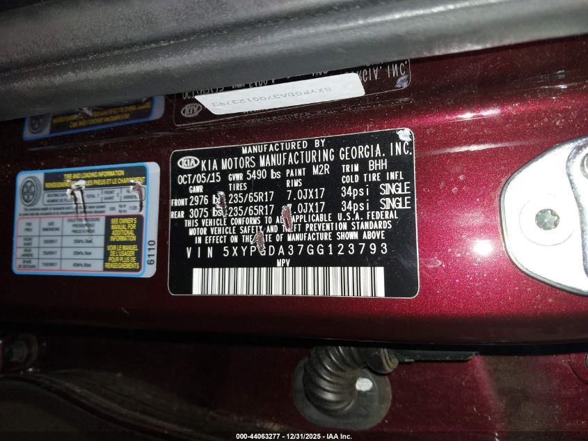 2016 Kia Sorento 2.4L Lx VIN: 5XYPGDA37GG123793 Lot: 44063277