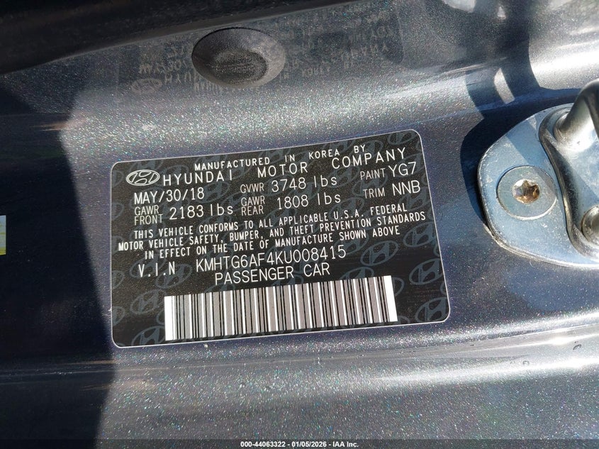 2019 Hyundai Veloster 2.0 VIN: KMHTG6AF4KU008415 Lot: 44063322