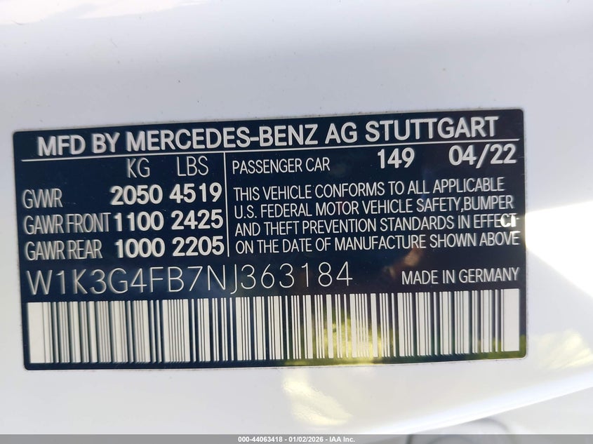 2022 Mercedes-Benz A 220 4Matic VIN: W1K3G4FB7NJ363184 Lot: 44063418
