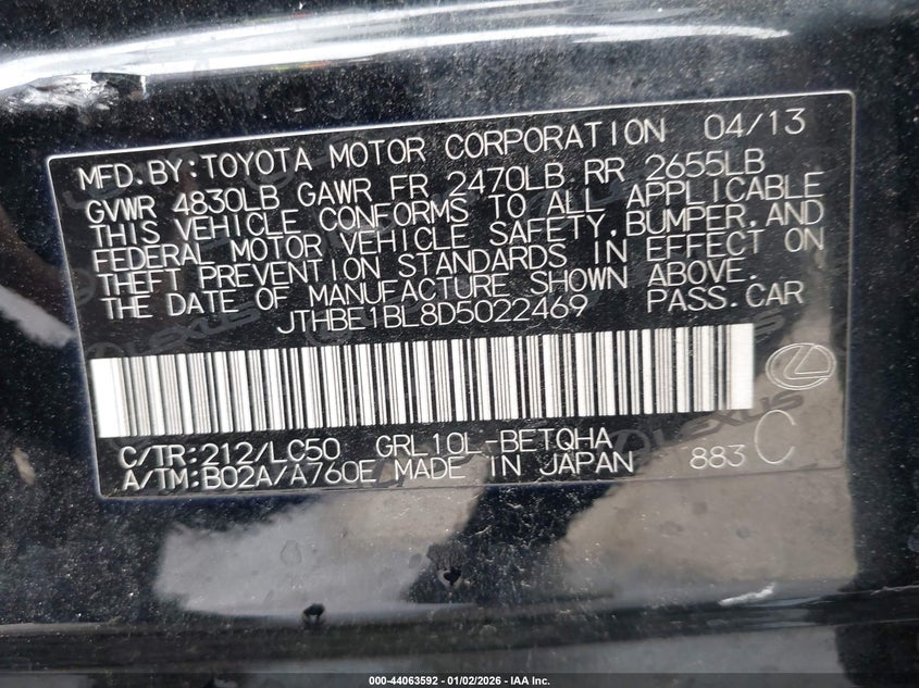 2013 Lexus Gs 350 VIN: JTHBE1BL8D5022469 Lot: 44063592