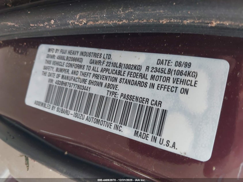 2000 Subaru Outback VIN: 4S3BH6757Y7603441 Lot: 44063970