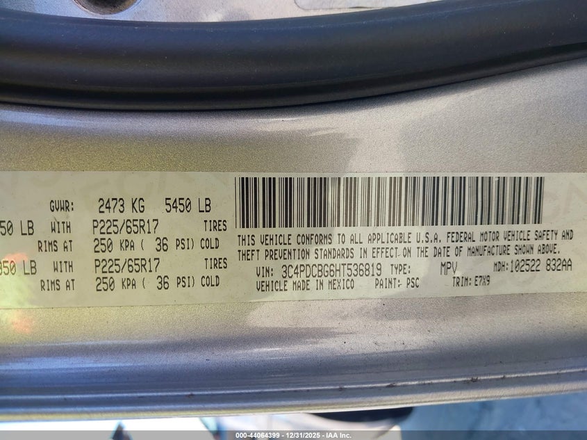 2017 Dodge Journey Sxt VIN: 3C4PDCBG6HT536819 Lot: 44064399