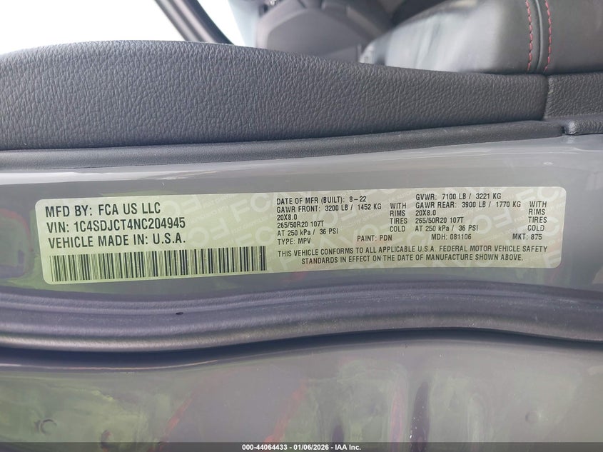 2022 Dodge Durango R/T Awd VIN: 1C4SDJCT4NC204945 Lot: 44064433