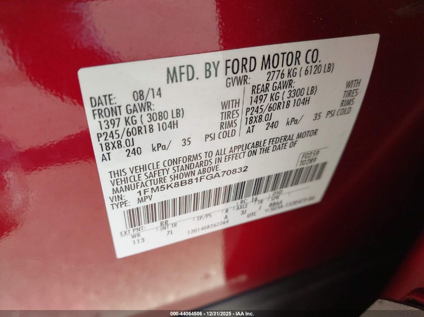 2015 Ford Explorer VIN: 1FM5K8B81FGA70832 Lot: 44064506