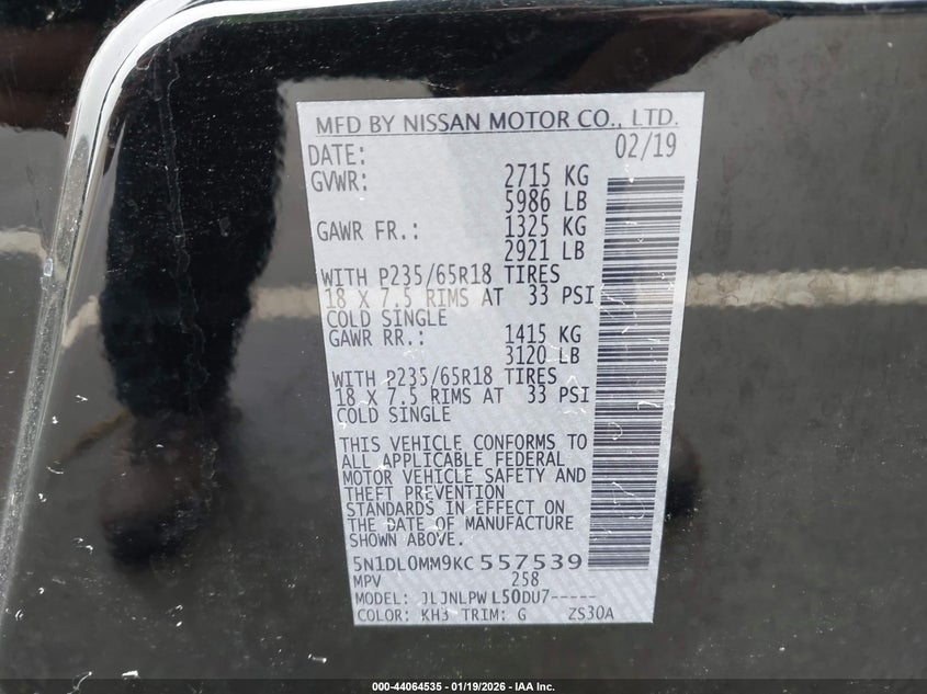 2019 Infiniti Qx60 Pure VIN: 5N1DL0MM9KC557539 Lot: 44064535