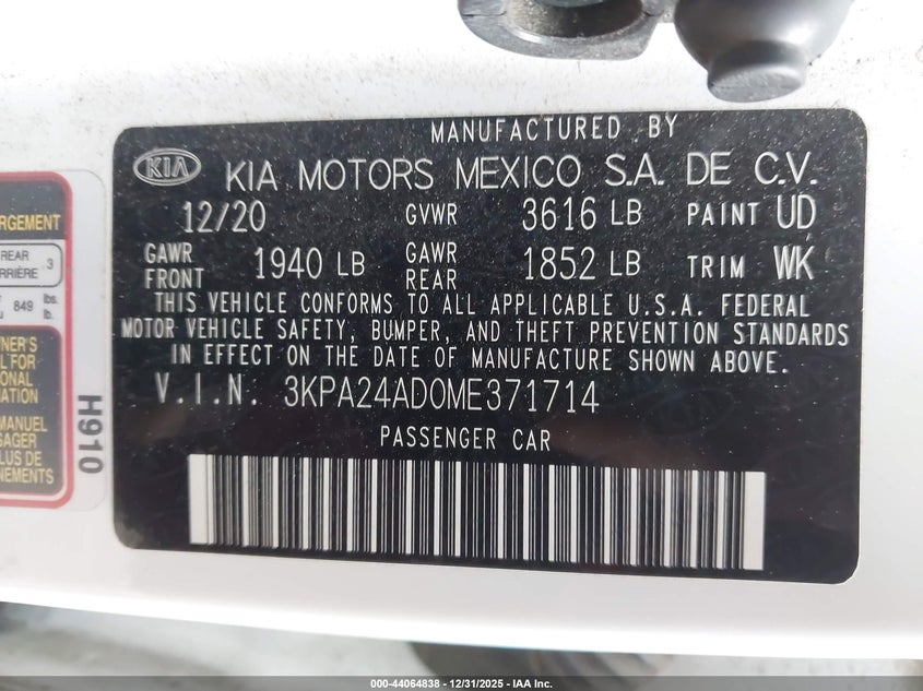 VIN 3KPA24AD0ME371714 2021 KIA RIO LX