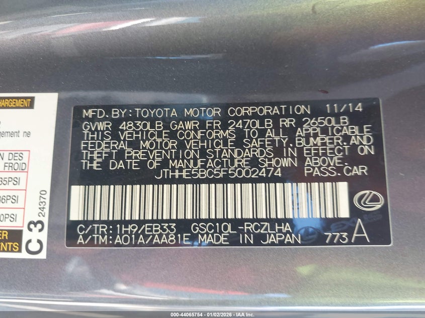 2015 Lexus Rc 350 VIN: JTHHE5BC5F5002474 Lot: 44065754