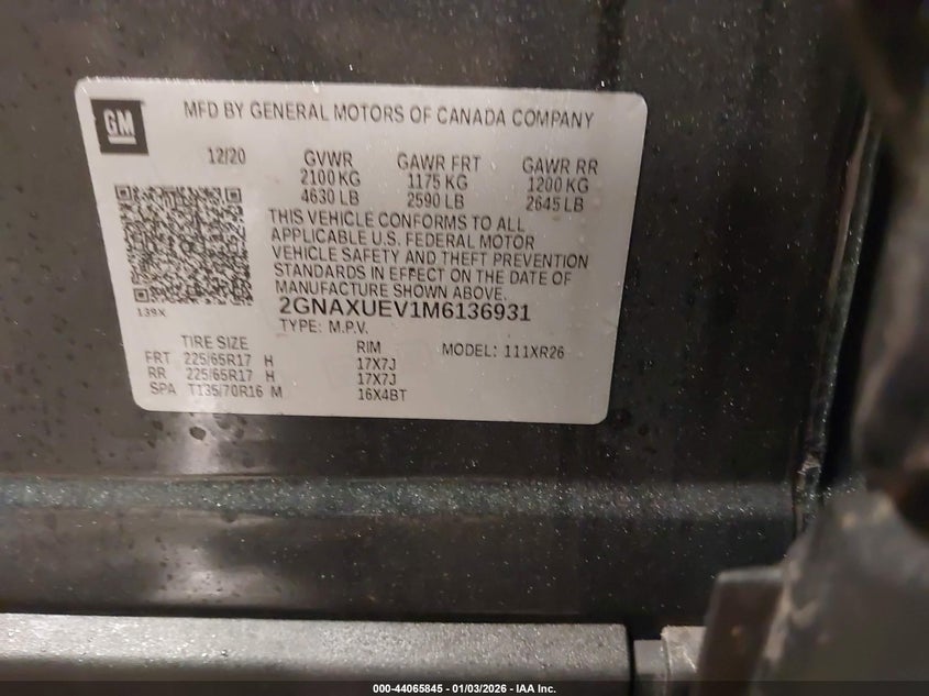VIN 2GNAXUEV1M6136931 2021 CHEVROLET EQUINOX AWD LT