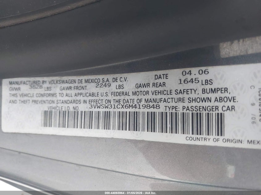 2006 Volkswagen New Beetle 2.5 VIN: 3VWSW31CX6M419848 Lot: 44065964