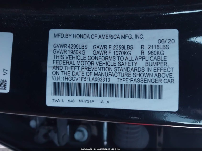 VIN 1HGCV1F51LA093313 2020 HONDA ACCORD EX-L