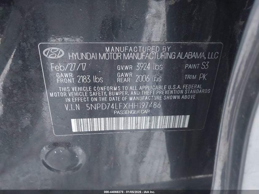 VIN 5NPD74LFXHH197486 2017 HYUNDAI ELANTRA SE