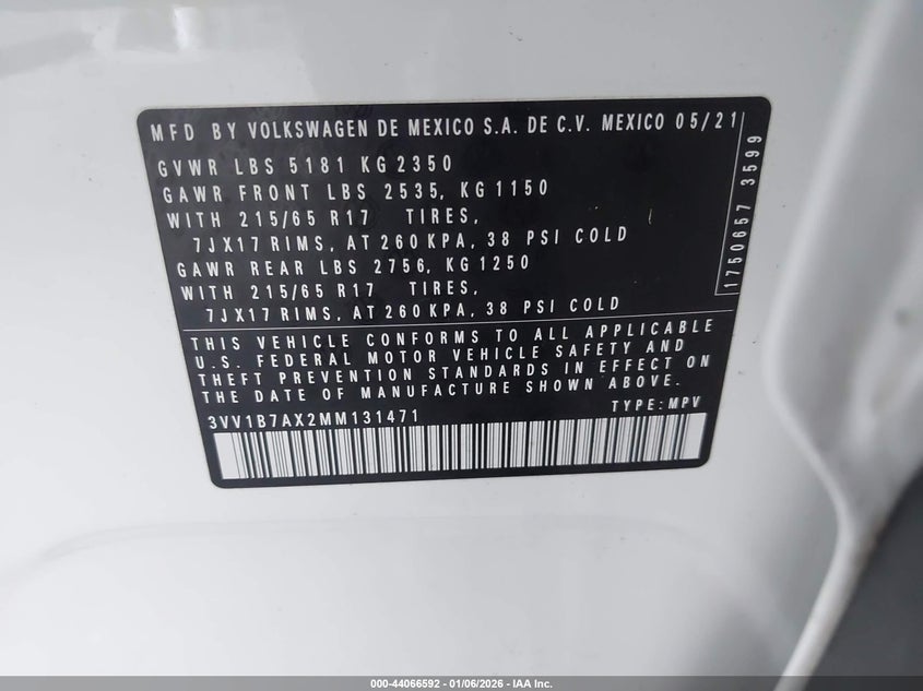 2021 VOLKSWAGEN TIGUAN(VIN: 3VV1B7AX2MM131471