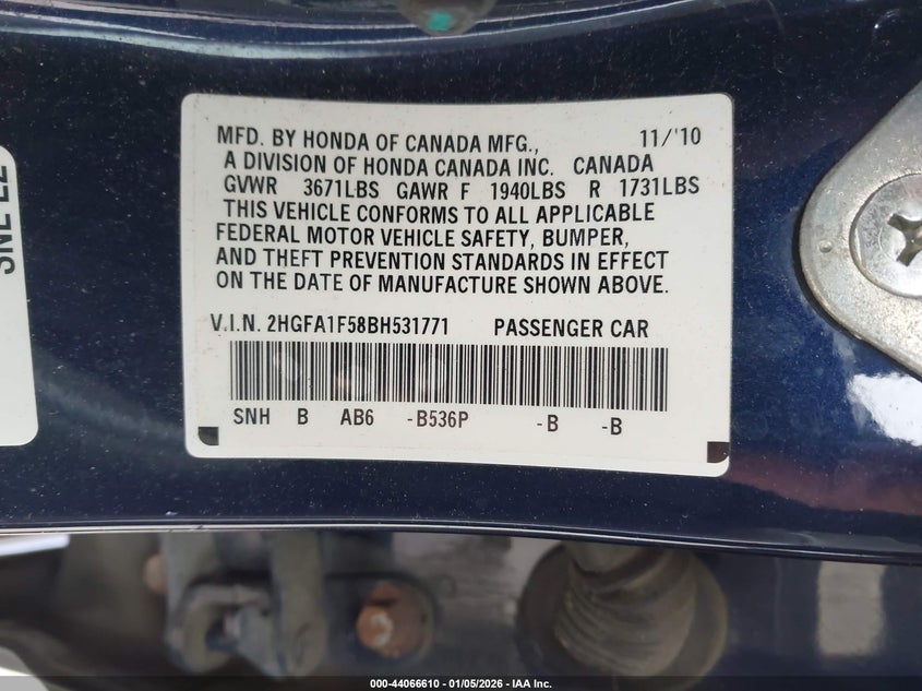 2011 HONDA CIVIC SEDAN 1.8L I-4 VVT, 140HP