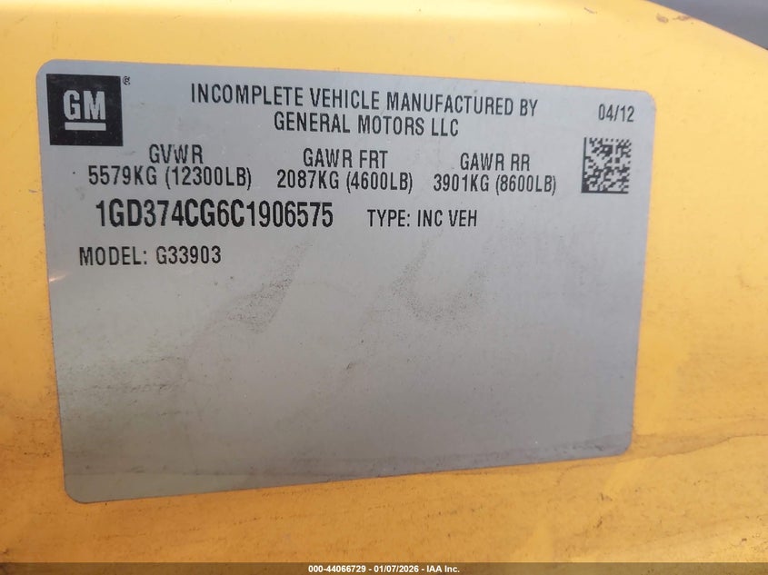 2012 Gmc Savana Cutaway Work Van Unknown Lot 111044066729 Vin 1GD374CG6C1906575
