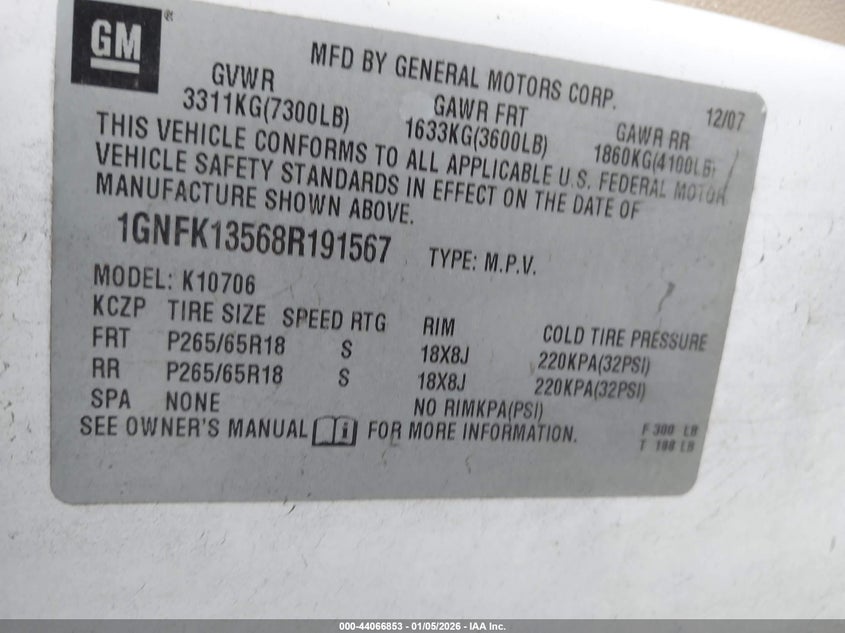 2008 Chevrolet Tahoe Hybrid VIN: 1GNFK13568R191567 Lot: 44066853